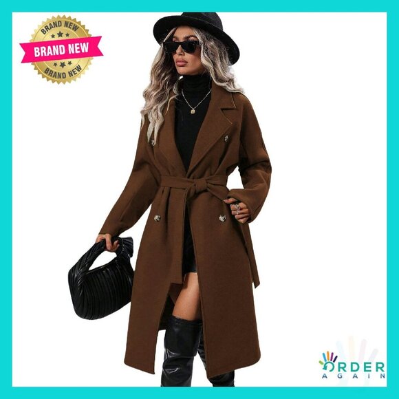 Long Wool Pea Coat Double Breasted Trench Belted Classic Elegant Winter Warm